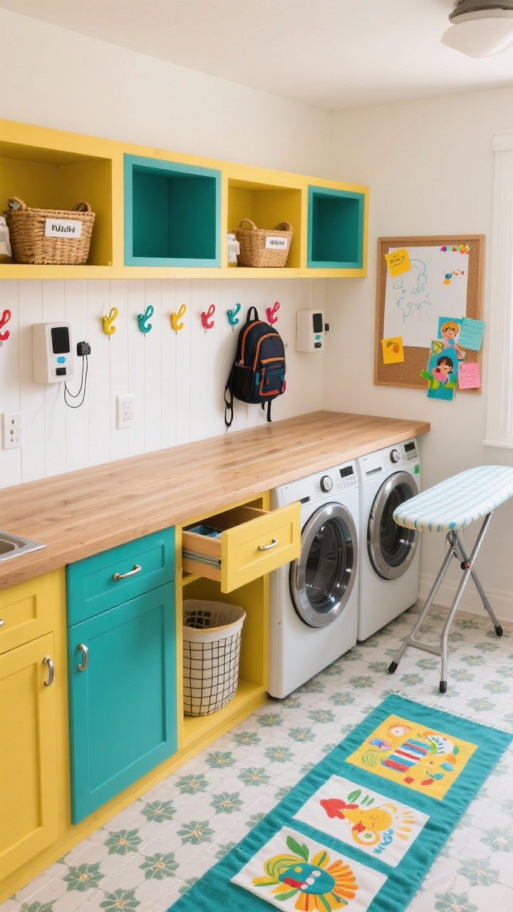 Wide family-friendly zone shot from a slight overhead corner angle to show organization: built-in cubbies painted in sunny mustard or peacock teal, warm white walls, light oak counter over side-by-side machines; each cubby labeled with baskets, charging docks, and backpack hooks; long cork-and-whiteboard combo along one wall with colorful notes and kid art; patterned wipe-clean vinyl tile floor; satin nickel pulls and playful colorful enamel hooks; pull-out hamper drawers and a fold-down ironing board partially deployed; washable runner and fun art prints; bright, cheerful, photorealistic.