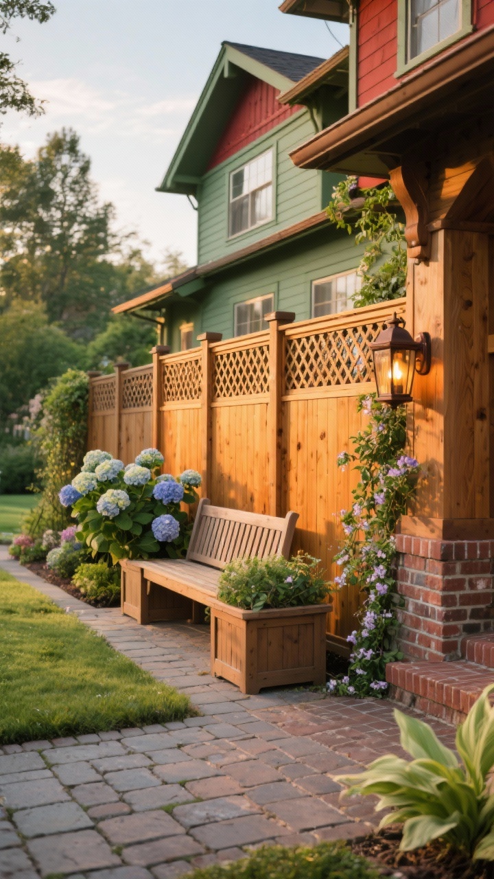 Wide front-garden approach in late afternoon: Douglas fir framed-panel fence with decorative lattice top, warm amber medium stain glowing. Craftsman character: mission-style bench, paneled planter boxes, and a brick/tumbled paver path. House trim in sage green and russet red visible in background. Garden plantings of hydrangeas, hostas, and climbing clematis trailing near the lattice. Craftsman lantern sconces in oil-rubbed bronze on posts, softly lit. Photorealistic, detailed.