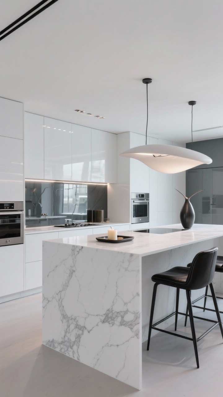 Wide, gallery-like contemporary kitchen focused on a white quartz waterfall island with fine gray veining dropping over both sides; high-gloss pure white slab cabinets with integrated pulls for a seamless look; stainless steel appliances; a smoked mirror backsplash reflecting crisp linear LED under-cabinet lighting; a single oversized sculptural pendant centered above the island; black leather bar stools for contrast; minimal styling with a tray, candle, and modern vase; cool, futuristic mood.