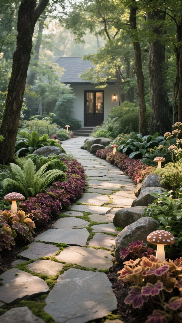 Wide, gently curving path through dappled shade: irregular flagstone walkway with moss joints leading to a front door; along both edges, a continuous ribbon of Heuchera ‘Plum Pudding’ and ‘Caramel’ weaving through ferns, hostas, and hellebores; low natural boulder accents punctuating the beds; mushroom-style path lights tucked between clusters; calm, layered woodland aesthetic; soft, filtered light through trees; photorealistic lush textures.