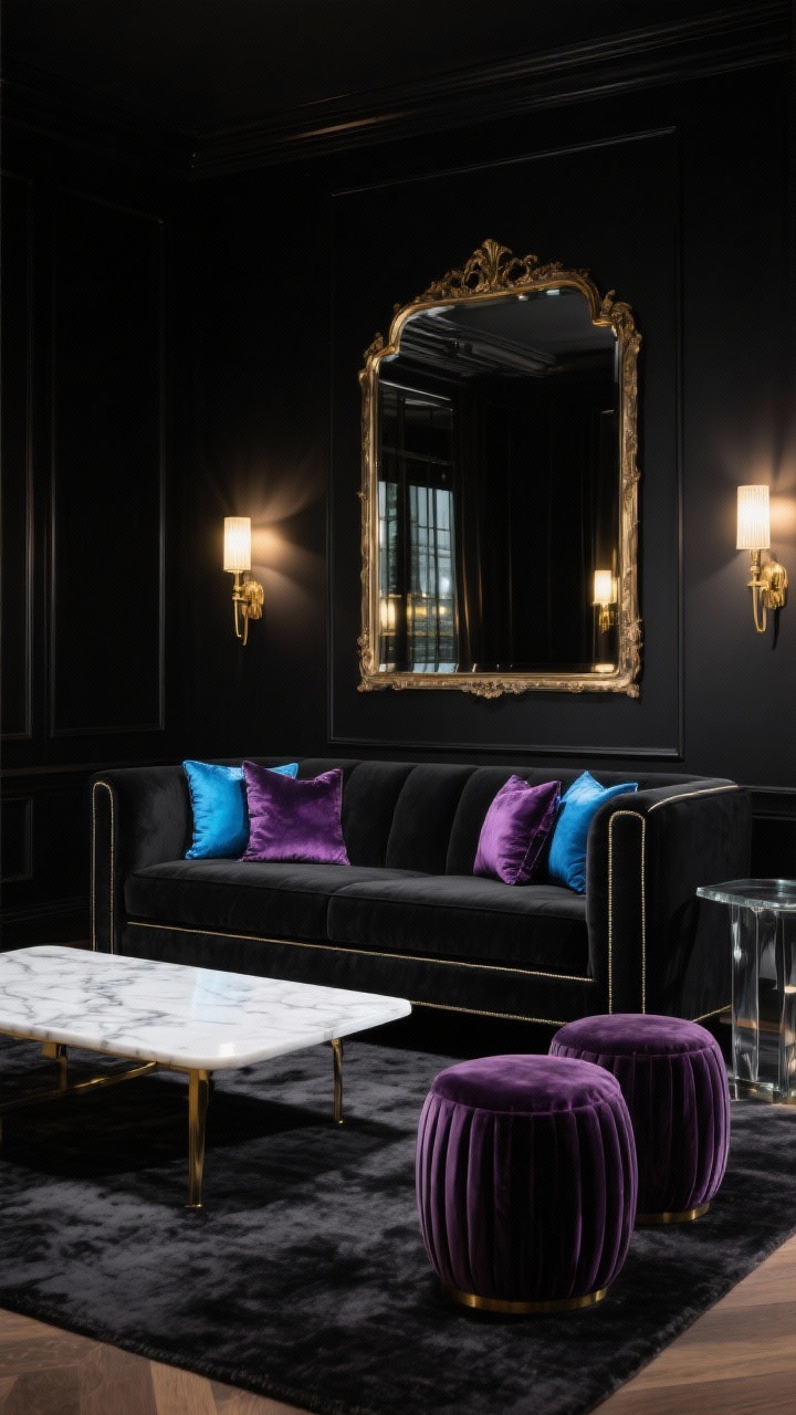 Wide glamour shot, glam noir: a black tuxedo sofa with straight arms, tight back, and crisp piping sits on a plush charcoal rug; in front, a high-shine white marble coffee table and to the side a smoked glass side table; a large antiqued mirror spans the wall behind the sofa, reflecting subtle brass uplights that bounce warm light; jewel-toned pillows in sapphire and amethyst pop against black; a pair of fluted velvet stools in deep jewel tones provide extra seating; textures velvet, glass, stone, mirrored finishes; palette black, brass, marble white, jewel tones; photorealistic, dramatic evening glow.