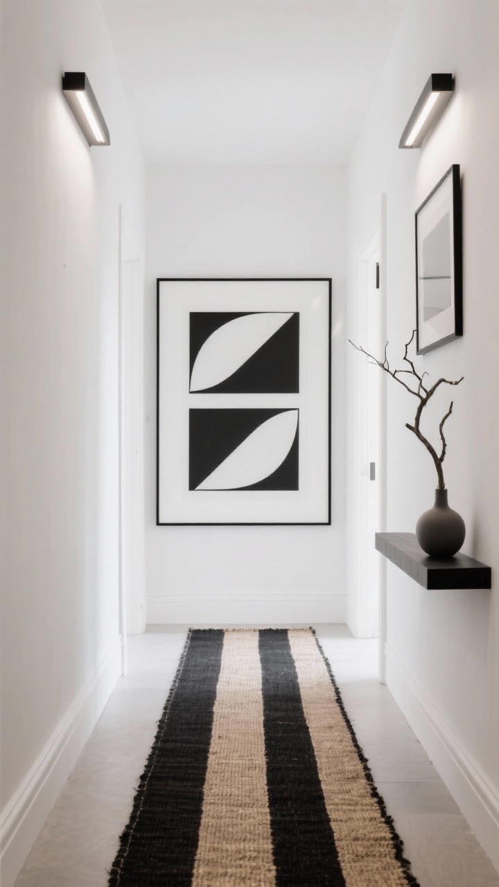 Wide hallway, linear perspective: A minimalist corridor with crisp white walls and clean baseboards, a black-and-natural jute striped runner drawing the eye forward. Centered on one wall, a large-scale black-and-white diptych with bold geometric shapes and strong negative space, framed in slim black metal for sharp edges. Linear picture lights mounted above each frame for gallery vibes. A narrow console holds a single sculptural branch in a matte vase. Crisp, editorial, photorealistic.