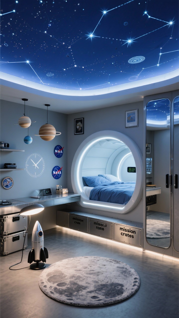 Wide, immersive ceiling-to-bed view, Space Station Sleep Pod: deep indigo painted ceiling with glow-in-the-dark constellations; cool gray walls; a curved built-in sleep pod bed with soft LED lighting inside emitting a gentle halo; brushed metal finishes on a sleek desk and shelves with matte black hardware; a round moon rug on the floor and a rocket-shaped floor lamp; storage includes slide-out under-bed compartments, a slim wardrobe with mirrored doors, and labeled “mission crates”; decor with planet mobiles, framed NASA patches, and a projected digital clock on the wall; soft, futuristic ambient glow; photorealistic, no people.
