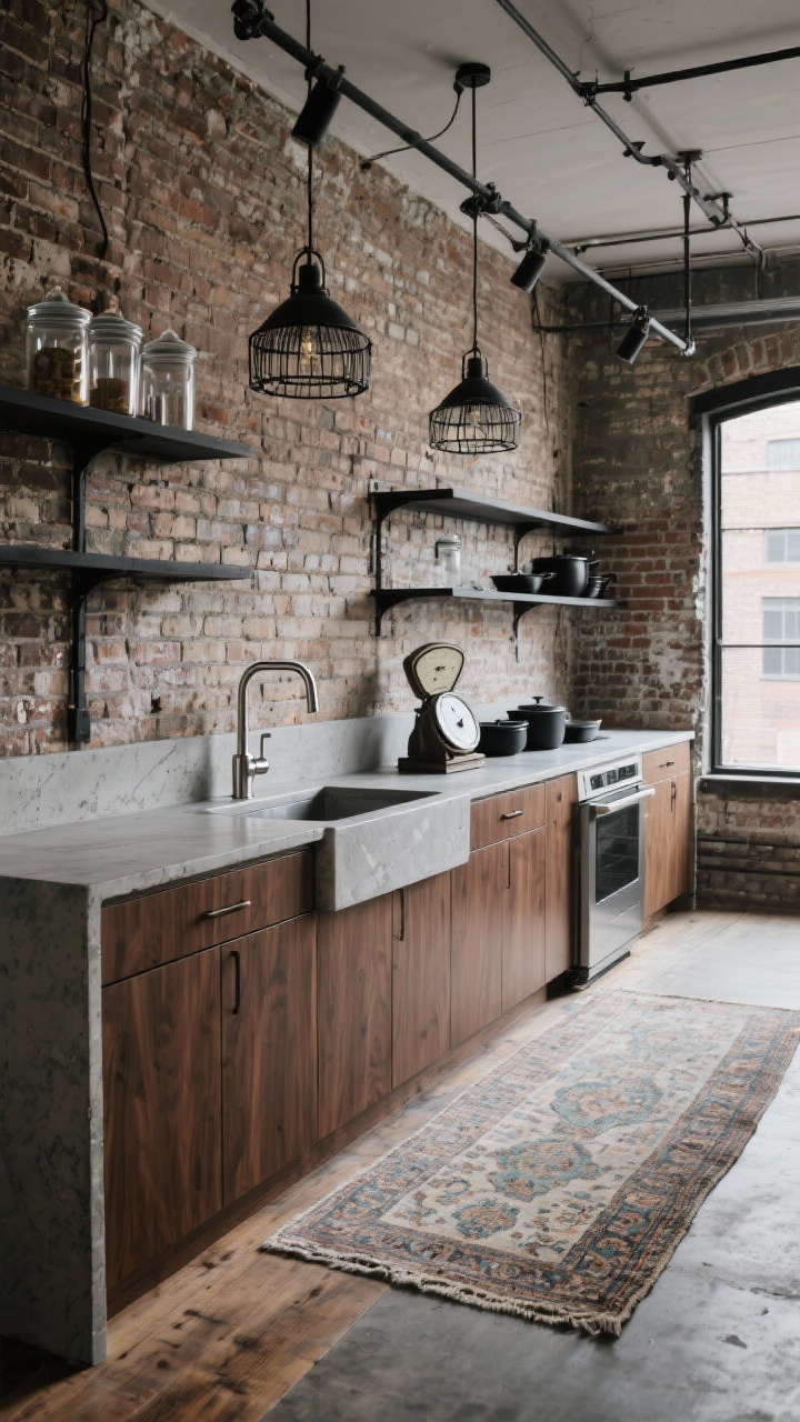 Wide industrial loft kitchen scene with cast-in-place sealed concrete countertops showing subtle mottling; exposed brick wall backdrop; black steel open shelving; flat-front walnut cabinets adding warmth; a brushed nickel commercial-style faucet; caged factory pendants and track lighting overhead; glass canisters, a vintage scale, and matte black cookware styled on the counter; a long faded Persian runner softening the concrete/wood floor; raw, urban atmosphere.
