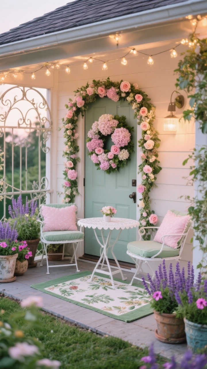 Wide, inviting garden party porch scene in soft evening light: a lush hydrangea and rose wreath centered on the door, doorway framed by floral garlands draped in a gentle arch, a white bistro set with scalloped-edge cushion, two layered rugs—bigger sage green base and smaller botanical-print topper—beneath the seating, mismatched planters overflowing with lavender, petunias, and trailing ivy around the entry; twinkle lights strung along the roofline adding sparkle; palette of soft pink, sage, cream, and lavender; delicate ironwork details; no people.