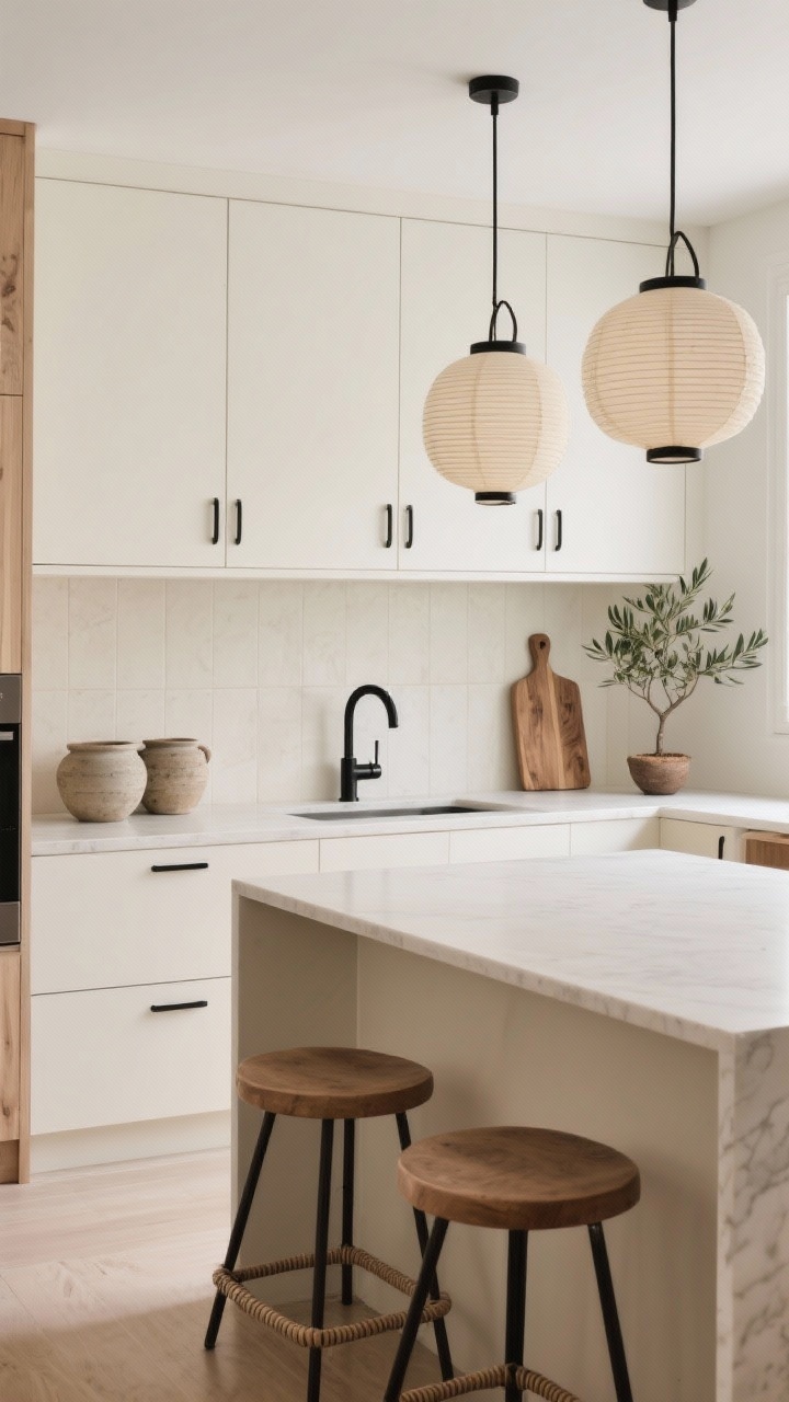 Wide kitchen shot at a slight corner angle: Japandi style with flat-front base cabinets in soft putty, white oak upper cabinets, and a creamy porcelain tall slab backsplash for a seamless look. Slim matte black pulls, pale countertops, and a compact island with waterfall edges. A sculptural black faucet provides contrast. Two paper lantern pendants above the island; low-profile wishbone stools with cord seats tucked in. Styling includes stoneware crocks, a wood bread board leaning against the backsplash, and a single potted olive tree. Calm, natural light; photorealistic.