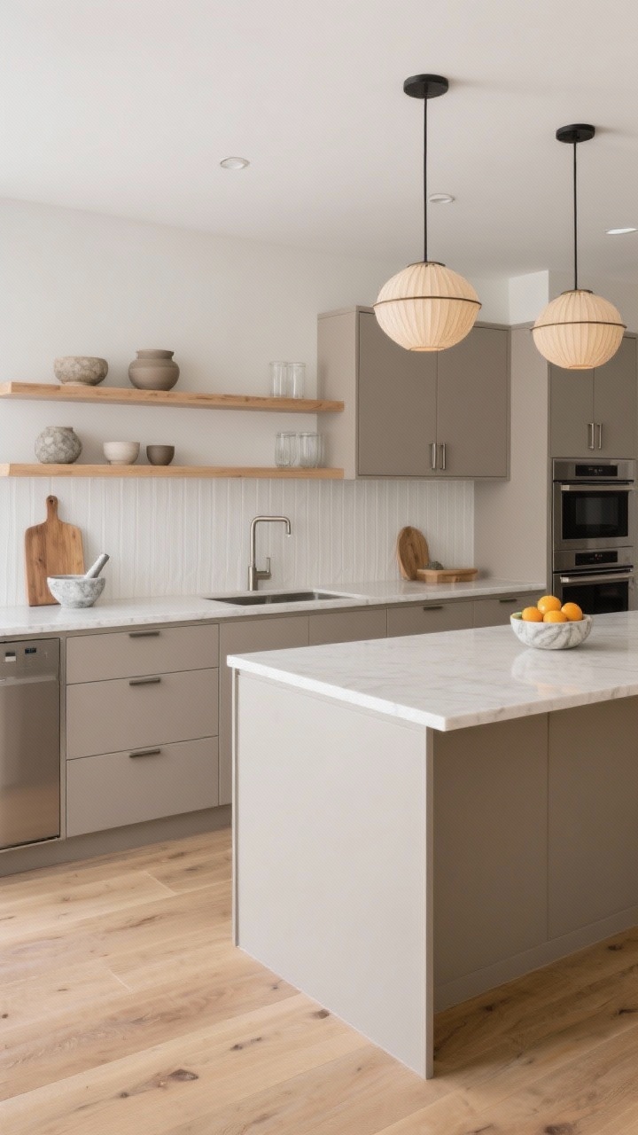 Wide kitchen shot showcasing minimalist design with warmth: flat-panel matte taupe (or pale greige) cabinets, warm white quartz counters, and a single run of open light-oak shelving displaying edited stoneware and glass. Discreet slim hardware in brushed nickel or black; panel-ready appliances blending in. Soft white ribbed ceramic backsplash for subtle texture. Styling: wooden board, marble mortar, bowl of citrus. Over the island, two paper drum pendants casting a gentle glow. Flooring in wide-plank oak or large-format light sand porcelain for a seamless look. Clean, calm, photorealistic.