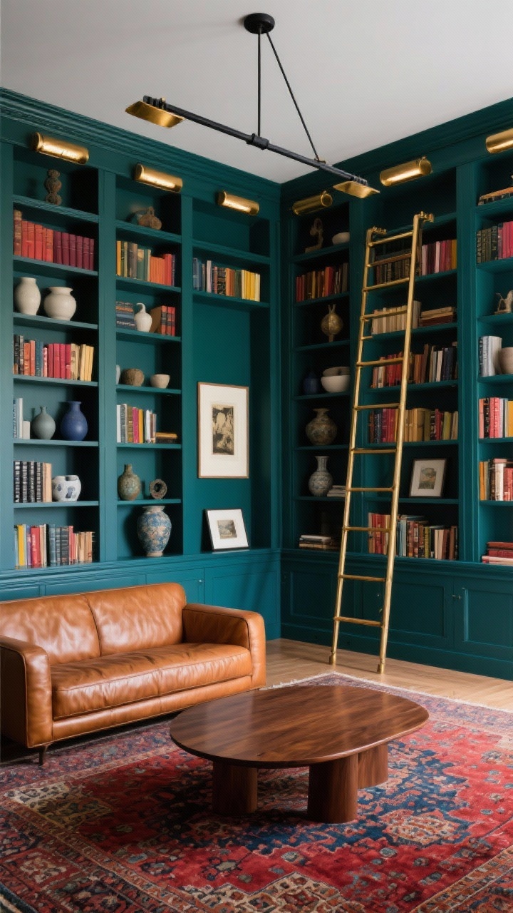 Wide, library-wall focus, straight-on: Floor-to-ceiling built-in bookshelves painted a deep bottle green (or ink blue), styled with color-coded books, matte ceramics, and patinated objects. A sliding brass library ladder on a rail adds drama. Saddle leather sofa with clean lines, warm walnut coffee table with rounded corners, Persian-style rug in rich reds and blues. Brass picture lights above each shelf bay provide warm highlights; a linear black chandelier hangs overhead. A few framed artworks lean against the back of shelves. Intellectual, inviting bookstore vibe, no people.