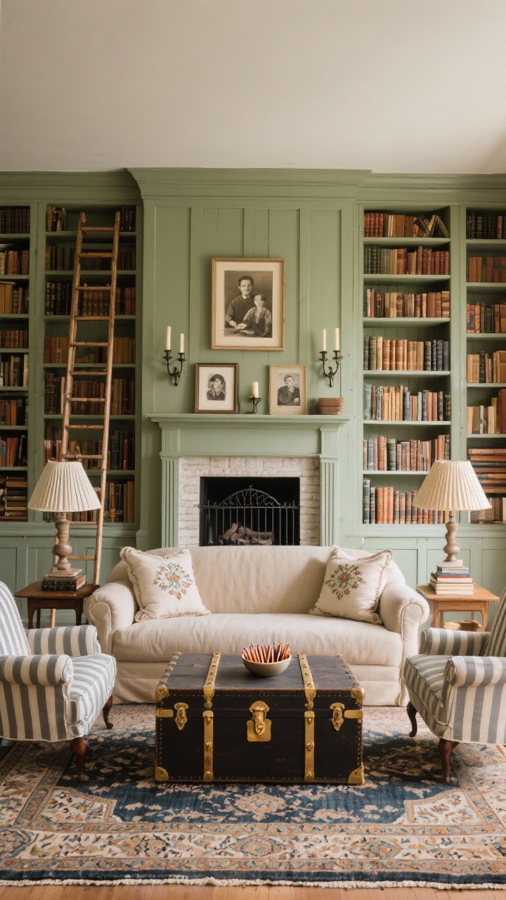 Wide library wall shot, straight-on: A vintage layered farmhouse living room wrapped in floor-to-ceiling built-in bookcases painted muted sage/mushroom, complete with a rolling ladder. A rolled-arm English sofa in oatmeal linen faces an antique trunk coffee table with brass corners, flanked by two striped slipcovered chairs. Underfoot, a Persian-style rug adds richness. Include embroidered pillows, pleated lampshades on table lamps, picture lights over the shelves, and candle sconces near the mantel. Style with framed family photos, a bowl of matches, and a stack of classic books; a clean-lined black fireplace screen provides contrast. Warm, library-like glow, photorealistic.