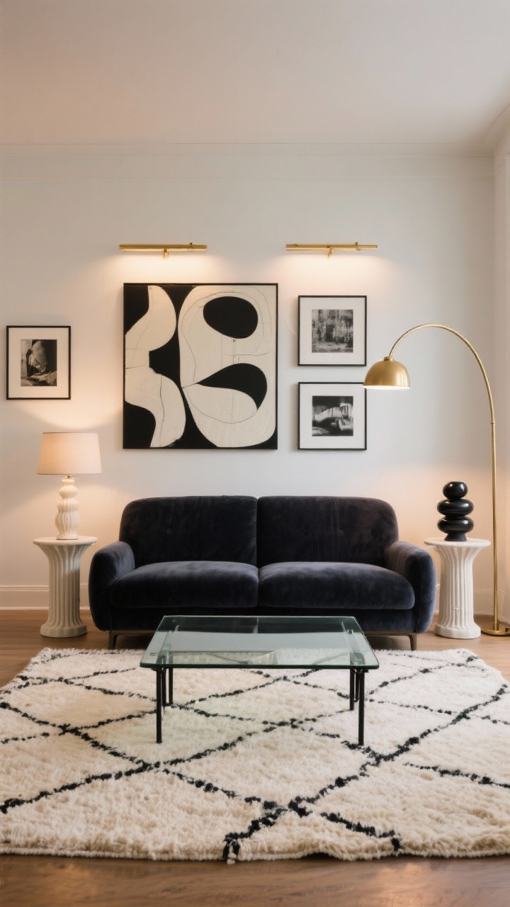 Wide living room, Art-Forward Gallery: charcoal velvet sofa facing a glass-and-black-metal coffee table, hand-knotted cream-and-ink rug underfoot, on flanking side tables a plaster fluted table lamp on one side and a curvy matte-black ceramic lamp on the other, high-CRI bulbs making a curated gallery wall pop, slim brass picture lights above abstracts and black-and-white photography, a slender arched brass floor lamp completing the composition, polished warm glow, photorealistic.
