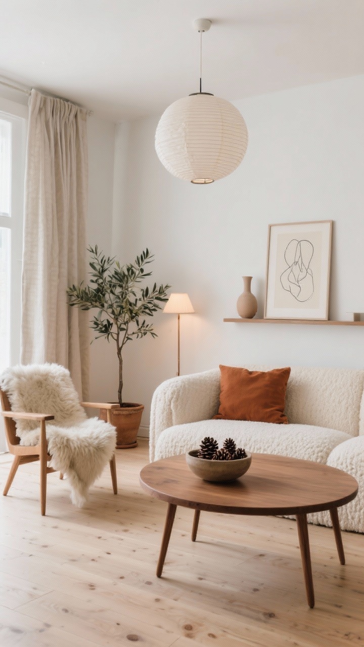 Wide living room shot: Scandinavian hygge space with white oak floors, a cream boucle sofa, and a palette of almond, caramel, clay, and muted terracotta accents. A sheepskin throw draped over a wood accent chair; round oak coffee table with tapered legs. Simple neutral line drawings leaned on a picture ledge. Paper lantern pendant overhead and ceramic table lamps with warm white bulbs. Nubby linen curtains pooled slightly at the floor. A potted olive tree and ceramic bowl filled with pinecones on the table. Soft, quiet calm, photorealistic, no people.