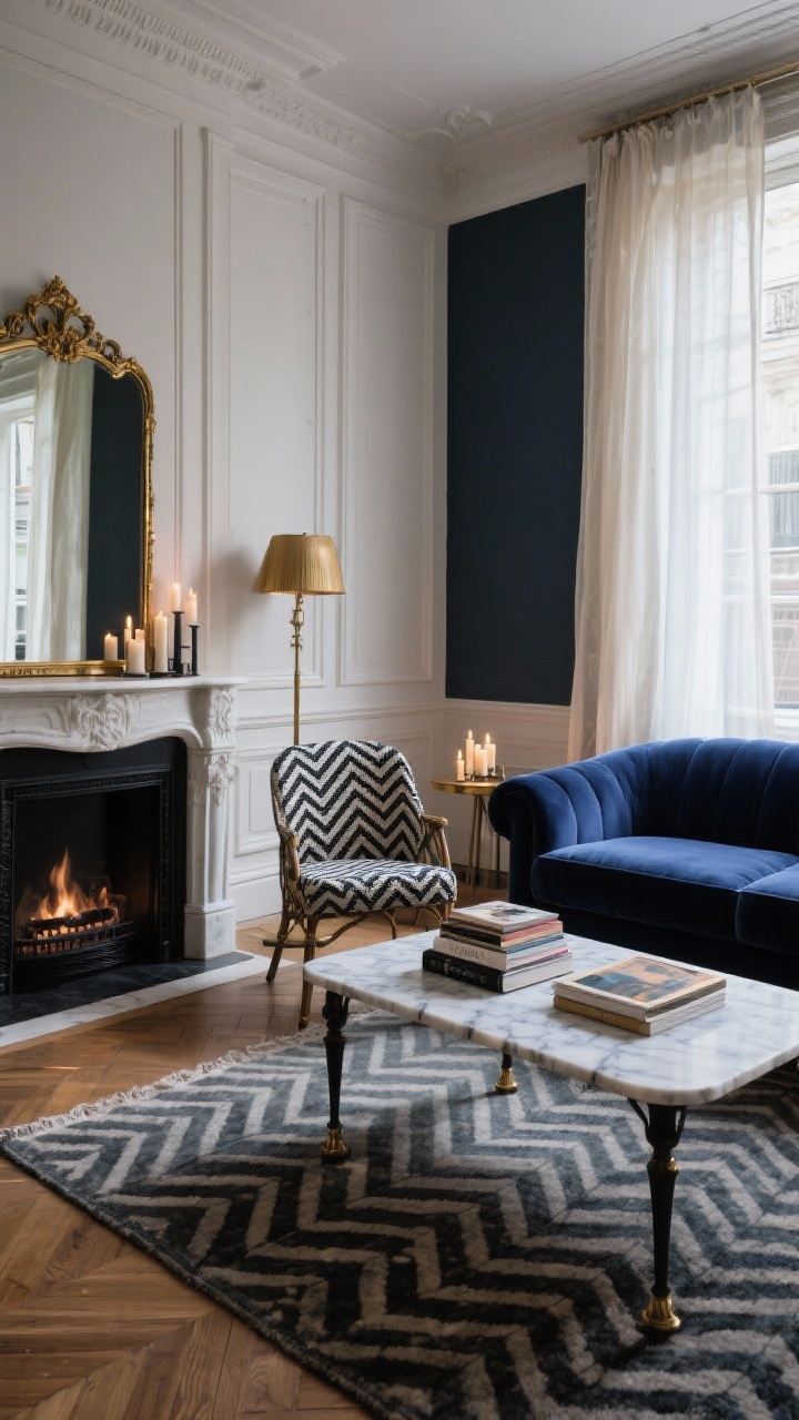 Wide living room with Parisian bones: tall baseboards, lean black fireplace, subtle faux wall molding; deep sapphire velvet sofa as the focal point; marble-topped bistro table used as coffee table; soft gauzy curtains filtering light; vintage-style gilded mirror leaning casually on the mantel; brushed brass floor lamp; chevron-print accent chair; stack of art books on the table; option of an ink-toned feature wall behind the sofa; herringbone rug to suggest parquet; moody, candlelit-ready ambiance, photorealistic.