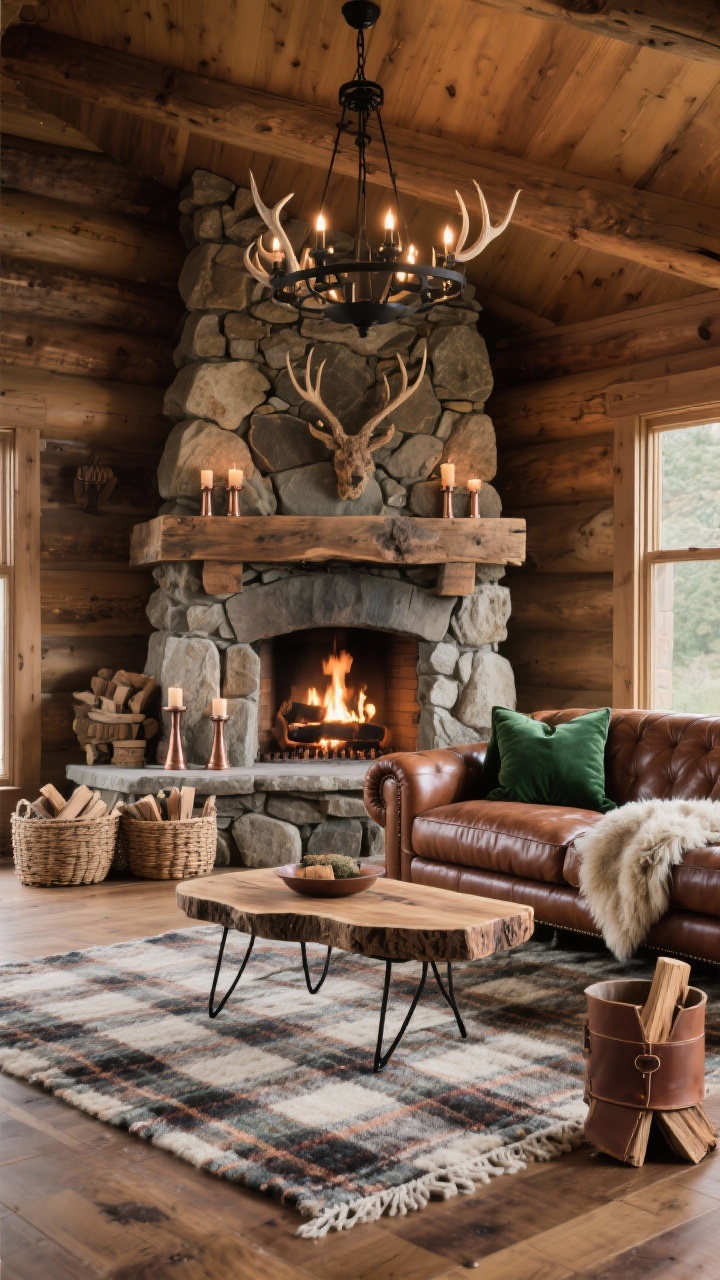 Wide lodge scene, hearth-focused: Rustic luxe living room with a generous mahogany leather roll-arm sofa facing a stacked-stone fireplace topped with a chunky reclaimed wood mantle. A wool plaid rug layers over wide-plank flooring; a live-edge coffee table with iron hairpin legs sits center. Accents include a shearling throw, forest-green velvet pillows, hammered copper candleholders on the mantle, woven baskets with firewood, and a leather strap log holder by the hearth. An antler-inspired chandelier in blackened iron hangs above. Warm, firelit glow with natural wood tones, photorealistic.
