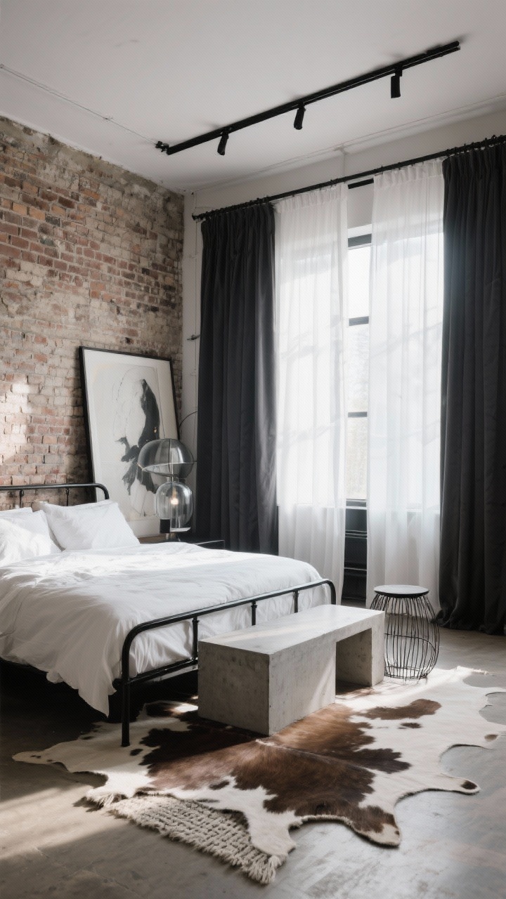 Wide loft bedroom with dual-track curtains: front layer of white sheers diffusing daylight across an exposed brick wall, rear layer of charcoal blackout curtains partially drawn; ceiling-mounted black tracks; black metal bed with crisp white bedding; concrete-style side tables; cowhide or flatweave rug; statement wire or smoked-glass pendant; oversized art leaning against the wall; industrial yet livable ambiance; late afternoon light, corner angle showcasing textures.