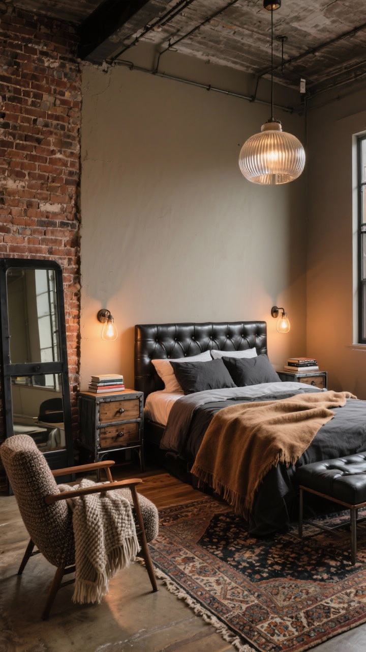 Wide loft shot, Warm Industrial Loft: a bedroom with one exposed brick wall and the others painted warm greige; a bed with a tufted leather headboard, charcoal bedding, and a camel wool throw draped casually; reclaimed wood dresser and metal-framed nightstands; factory-style sconces with dimmers glowing warmly; a vintage Turkish rug warming concrete or wood floors; a black steel mirror leaning against the wall; a ribbed glass pendant light overhead; a corner reading chair in tweed with a knitted throw and a small stack of art books beside it; palette of brick, charcoal, camel, greige, and black; textures of leather, wool, brick, aged wood, and metal; photorealistic, evening industrial-cozy mood.