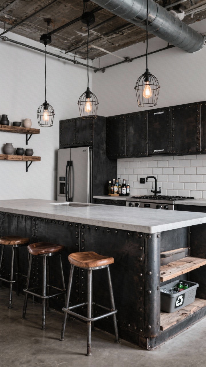 Wide loft-style industrial kitchen: island clad in blackened steel panels with visible rivets, topped by a light gray concrete slab with a soft satin seal; open end shelves of reclaimed wood display matte ceramics. Overhead, exposed-bulb pendants with wire cages; background details include matte black hardware and white subway tile with charcoal grout. Under-counter beverage fridge door slightly ajar, plus a pull-out for recyclables indicated by labeled panels; adjustable-height metal stools with saddle wood seats line the island. Textural, rugged mood with cool, directional light.