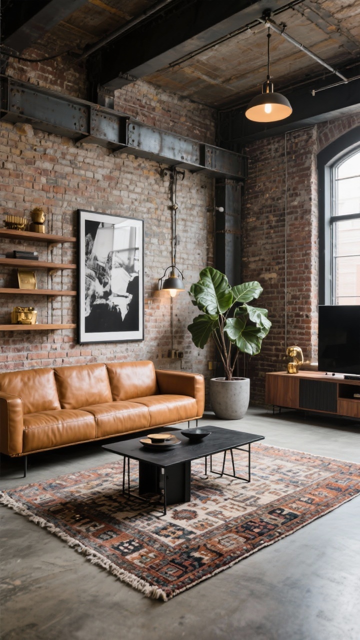 Wide loft view, Urban Loft Industrial Luxe: exposed brick walls, steel beams, concrete floor softened by a plush rug and patterned kilim layered; buttery cognac leather sectional with oversized proportions; black metal coffee table and charcoal media unit; warm wood shelves with aged brass accents; oversized black-and-white art; industrial pendants on dimmers and articulated wall lamps; large fiddle-leaf fig in a concrete planter; rugged-meets-refined mood, photorealistic, no people.