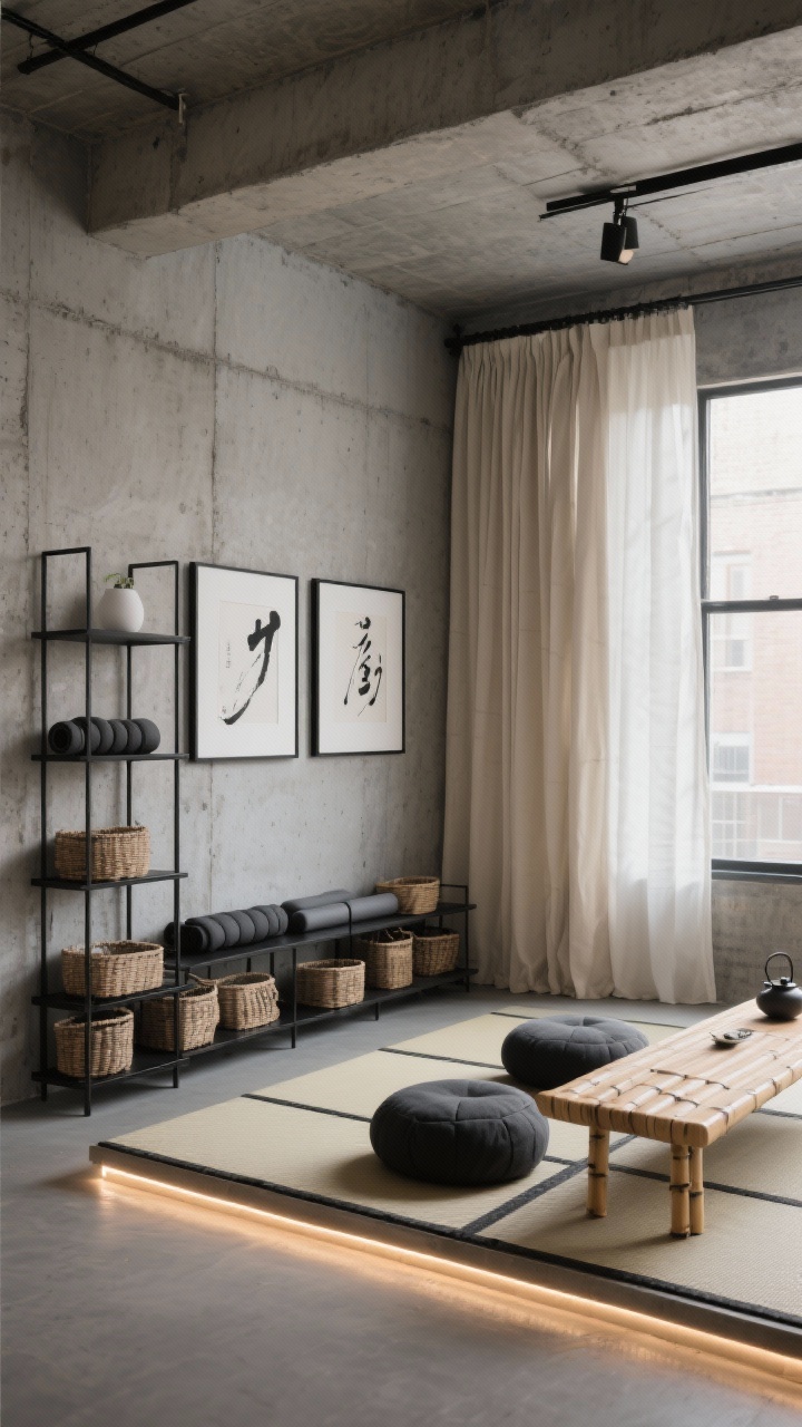 Wide loft view, Urban Zen: one raw concrete wall softened by floor-to-ceiling oatmeal linen curtains, a low tatami mat base layered with charcoal zafu and zabuton cushions. Industrial matte black metal shelving with neatly arranged baskets for yoga props, black-framed minimalist gallery prints (zen brush art) on concrete, dimmable LED strip lighting along the baseboard creating a gentle halo. Simple bamboo bench doubling as tea bar. Concrete gray, oatmeal, charcoal, off-white palette, sleek modern mood, photorealistic, late-afternoon soft light.