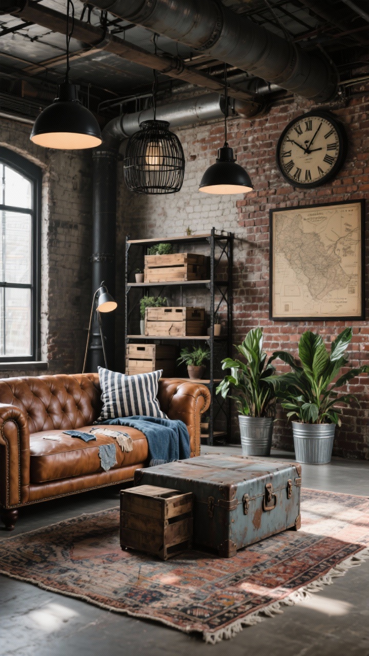 Wide loft view: Vintage-industrial boho living room with exposed brick (or convincing faux brick), a cognac leather chesterfield layered with a patched denim throw and ticking stripe pillows, distressed overdyed rug, industrial shelving with reclaimed wood and black steel, salvaged crates as display, metal trunk coffee table with patina; black cage pendants and a factory-style floor lamp, oversized wall clock and framed vintage maps, hardy ZZ plants in galvanized pots; moody warehouse daylight with directional shadows, photorealistic.