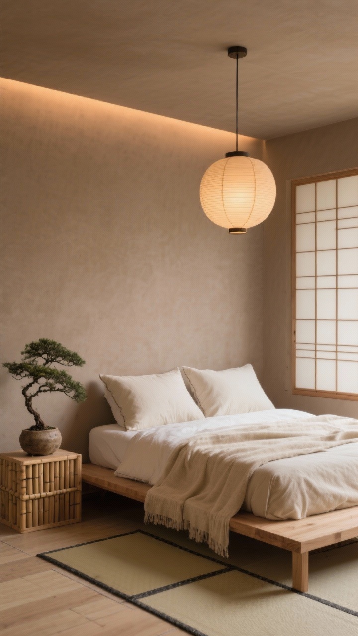 Wide, low-angle room shot, Japandi calm with low lines: taupe clay-finish walls, a low natural ash bed with stonewashed sand duvet, cream gauze throw, and two oversized piped pillows; beige tatami-style rug tiles; low bamboo cube nightstands kept nearly empty; a warm-glow paper lantern pendant centered; a bonsai in a handmade vessel; shoji-inspired screen or slatted wood panel behind the bed; soft, meditative lighting with warm LEDs, serene and restrained, photorealistic.