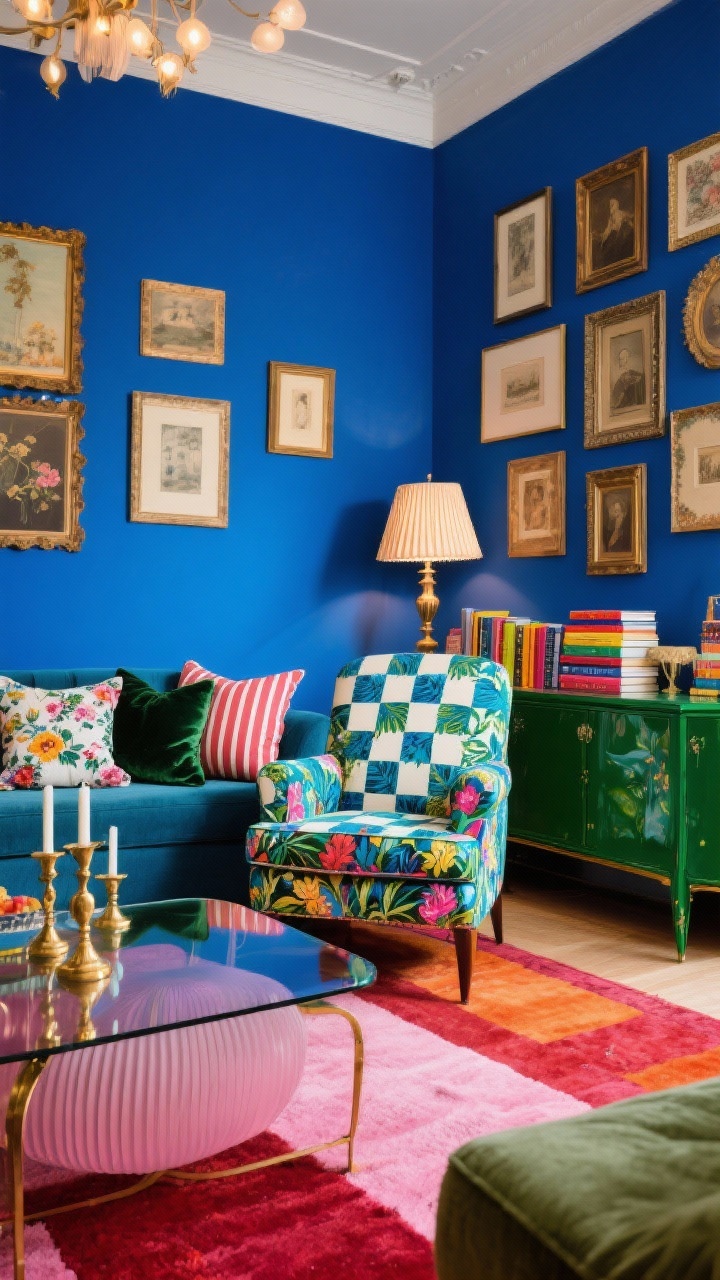 Wide, maximalist sitting room drenched in saturated color: boldly patterned accent chair (oversized botanical or checkerboard upholstery) centered; peacock blue walls; contrasting rug in cranberry and blush; fluted glass coffee table reflecting color; lacquered console in forest green; colorful stacks of books throughout; mismatch of pillows—stripes, florals, and a velvet solid—echoing the chair; brass candlesticks, pleated lampshades, clustered gallery wall of vintage frames; bright layered lighting, photorealistic, no people.