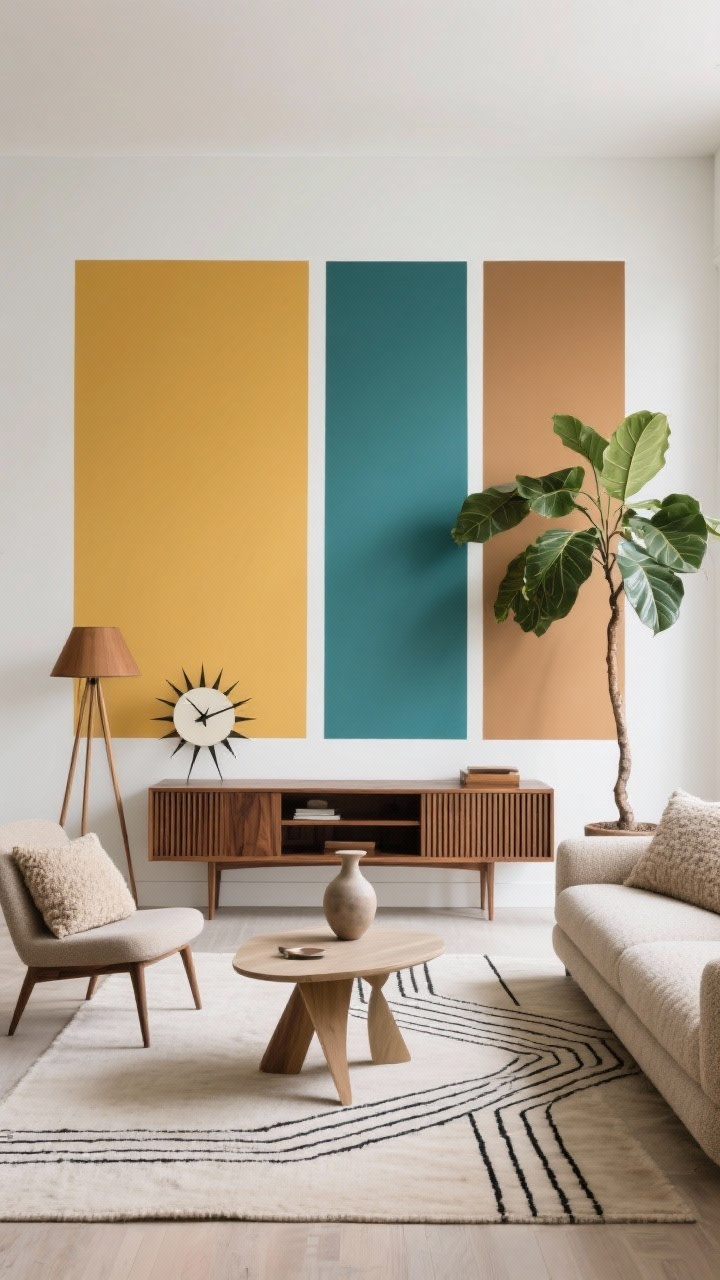 Wide, mid-century modern living room with a color-block statement wall: crisp rectangles in ochre, teal, and warm tan separated by clean white margins; low-profile sofa in textured neutral fabric, paired with tapered-leg accent chairs; walnut slatted media console below a starburst clock; asymmetric coffee table with sculptural ceramics; tripod floor lamp; graphic rug with thin lines and bouclé pillows; rubber tree with architectural leaves adding greenery without clutter; palette of ochre, teal, tan, walnut, optic white; clean lines, playful geometry, photorealistic.