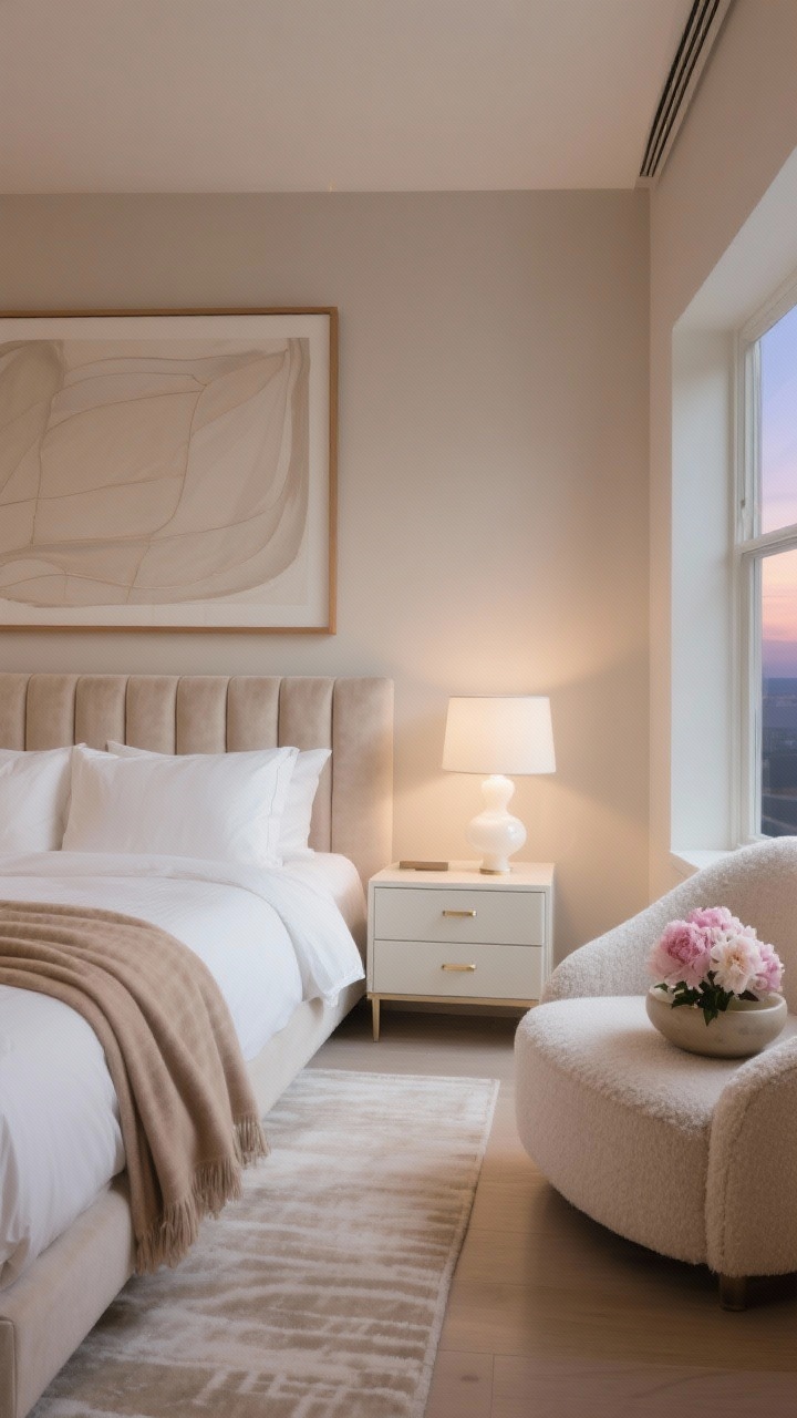 Wide, minimal composition: A quiet luxury suite with pale mushroom walls and a channel-tufted headboard in oyster velvet. Streamlined bedding—high-thread-count white sateen sheets, featherweight duvet, and an oversized cashmere throw in fawn. Lacquered cream nightstands with integrated pulls hold sculptural alabaster lamps; hidden dimmable LEDs provide an evening glow. A large-scale neutral abstract in a thin oak frame above, a silk-and-wool rug with subtle sheen, and a curved bouclé chaise by the window with a ceramic bowl of fresh peonies; soft, hotel-like serenity, dusk lighting.