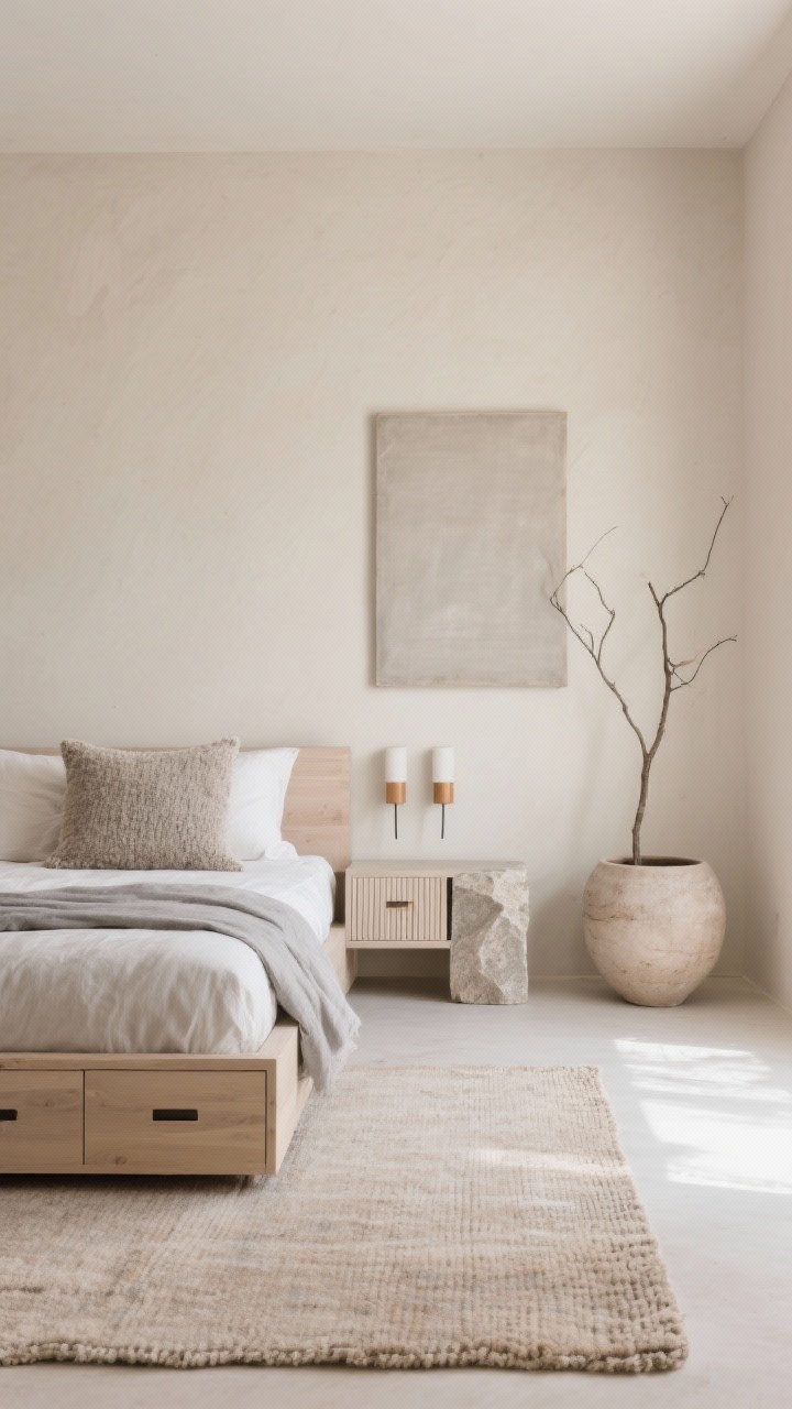 Wide minimalist composition: “Coastal Clay Minimalism” with pale clay-beige walls, a light-ash platform bed with hidden storage; slim nightstands with kerf detail and integrated pulls; restrained styling—one textured bouclé pillow, cotton-linen duvet in driftwood gray; sculptural stone side table; linear linen sconce pair with warm dimmers; sandy-toned low-profile loop-pile rug; a single large canvas in foggy neutrals leaned against the wall; an oversized vessel holding one branch. Breezy negative space, soft coastal daylight, photorealistic, straight-on view.