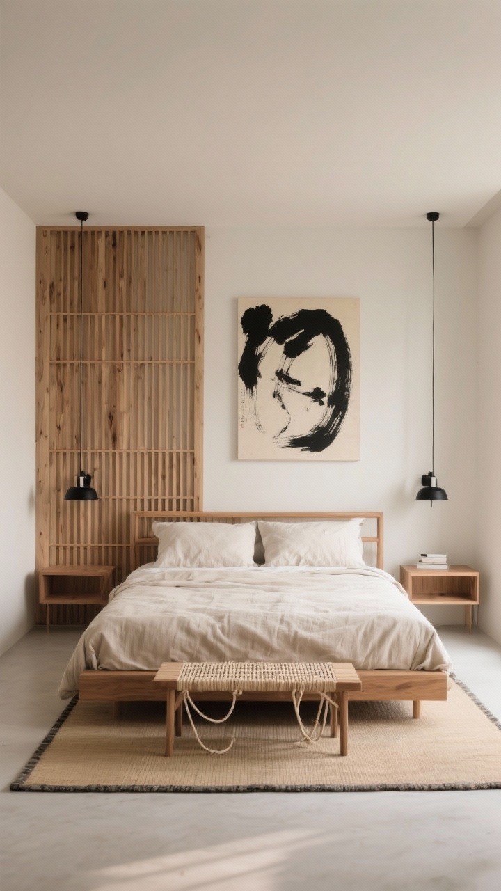Wide, minimalist Japandi bedroom shot, straight-on: a slatted oak accent wall behind a low ash bed frame; matte-black minimalist sconces mounted directly onto the slats. Remaining walls in soft putty. The bed dressed in stonewashed linen with an ecru cotton duvet. Opposite wall shows a single oversized ink-brush print in black on ecru paper, providing quiet balance. Floating nightstands and a bench with woven paper cord at the foot. A tatami-inspired rug grounds the space. Palette: oak, putty, black, ecru. Soft diffuse daylight, negative space emphasized, serene and calm.