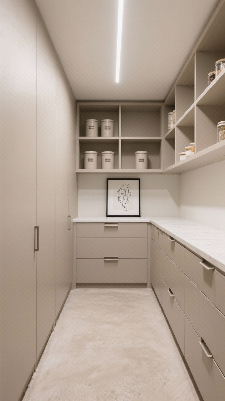 Wide, minimalist walk-in pantry, straight-on view: floor-to-ceiling flat-panel cabinetry painted warm greige with no visible hardware; push-latch, full-extension drawers and upper open cubbies with neatly arranged items; microcement floor and a thin LED light channel tracing the ceiling perimeter for gallery-clean illumination; decor limited to matching matte canisters with minimal labels and a single framed black-and-white line drawing leaning on a narrow shelf; palette of greige, soft white, and sand.
