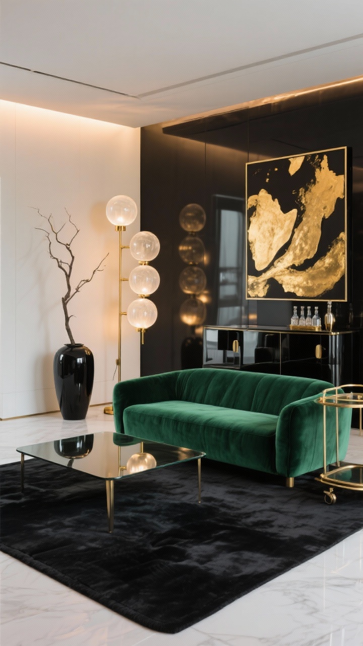 Wide, modern glam lounge: low emerald velvet sofa anchored by a plush off-black rug, a smoked glass coffee table reflecting light; a brushed-brass multi-globe floor lamp with three to five frosted orbs at staggered heights washing the wall in warm ambient glow; glossy lacquered credenza with abstract art featuring gold foil above it; sleek bar cart to the side; palette emerald, black, brushed brass, warm white; add a matte black floor vase with a single sculptural branch for contrast; photorealistic, dramatic yet refined.