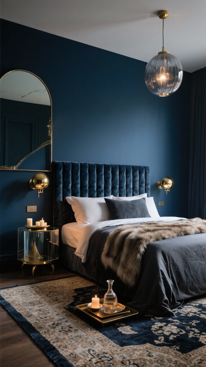 Wide, moody boutique hotel glam bedroom, slightly off-center angle: Deep ink blue walls, a channel-tufted velvet headboard in midnight, silky bedding in charcoal and champagne with a soft sheen; brass globe sconces and a sleek glass-and-brass nightstand; a smoked glass pendant casting atmospheric light; an oversized arched mirror leaning against the wall; low-pile vintage-style Persian rug in inky neutrals; a faux fur throw and a tray with candles and a carafe on the bed; sultry, luxe ambiance, photorealistic, no people.