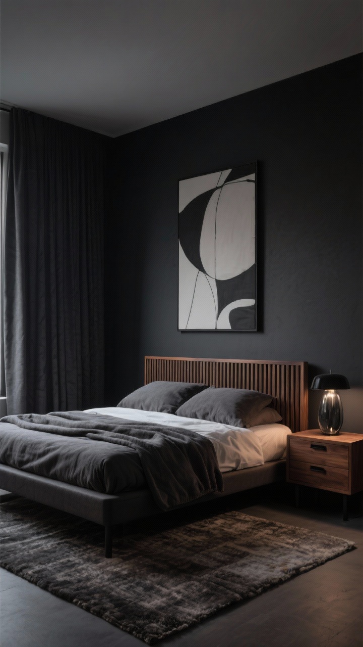 Wide, moody modern retreat: deep charcoal painted walls, floor-to-ceiling curtains in dark graphite; low modern bed frame with flannel bedding; slatted warm walnut headboard with matching walnut nightstands; matte black hardware accents, structured wool rug under the bed; a single oversized abstract art piece in monochrome; smoked-glass bedside lamp emitting a subdued glow; dramatic, low-key lighting, photorealistic.
