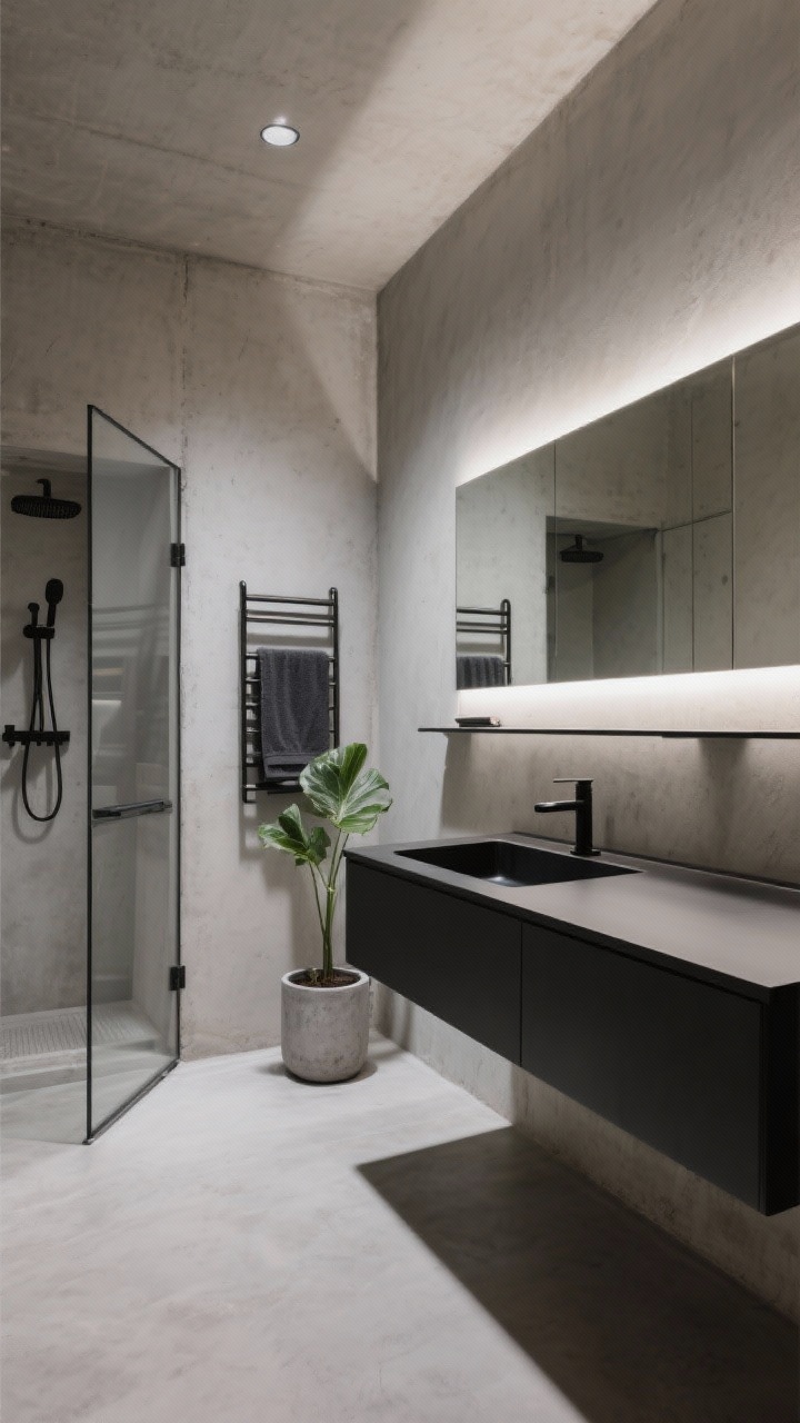 Wide, moody “Urban Concrete Capsule” shot from a low corner angle: room wrapped entirely in light microcement on walls, floor, and shower niche for a continuous shell; wall-hung black vanity with thin integrated basin and matte black fixtures; rimless pivot shower door nearly invisible; long shallow open shelf running along one wall; linear backlit mirror casting architectural light; charcoal towel ladder and a single bold plant in a concrete pot; sleek, modern, no people.