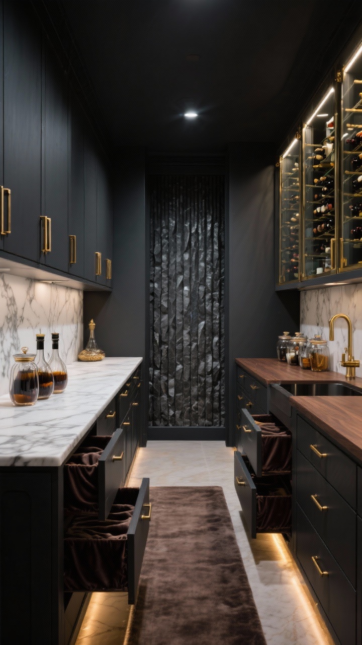 Wide, moody walk-in pantry with luxe finishes: matte charcoal cabinetry, white-veined marble counters, a dramatic back wall of vertical fluted stone or textured tile, a temperature-controlled wine wall behind glass on one side with brass accents, opposite side with organized drawer banks topped by a warm espresso walnut prep surface, smoked-glass canisters and velvet-lined drawers slightly open to hint at barware, dimmable brass picture lights washing the walls, toe-kick LEDs casting a subtle night glow, a plush runner and artful decanter set; rich, dramatic ambiance.