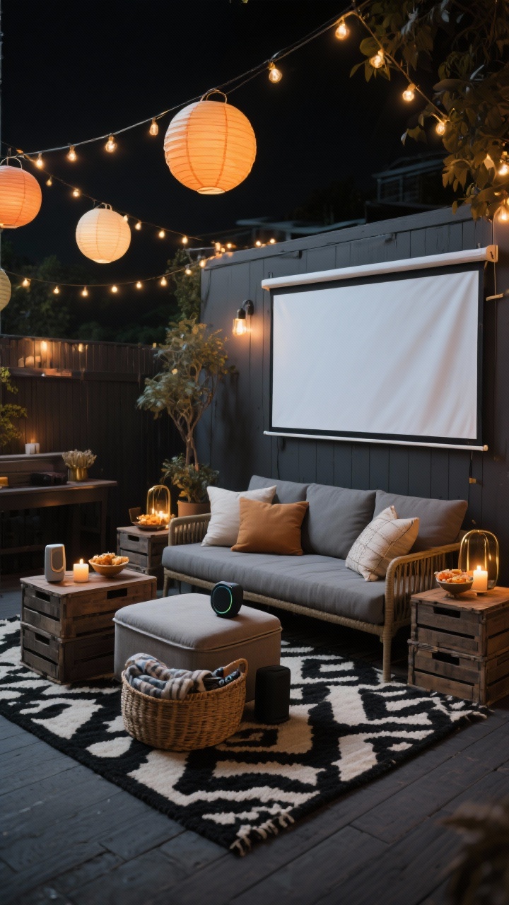 Wide night scene: A night-market movie patio in charcoal tones with brass and amber lights. A low futon/outdoor daybed piled with oversized pillows sits on a black-and-cream kilim rug facing a folding projector screen (or white sheet clipped to a wall). Crate tables stacked to form side tables hold snacks. String lights and paper lanterns glow warmly overhead; flameless candles add flicker. A small Bluetooth speaker is tucked into a woven basket, and a lidded ottoman stores blankets and remotes. Dramatic yet cozy, photorealistic, no people.
