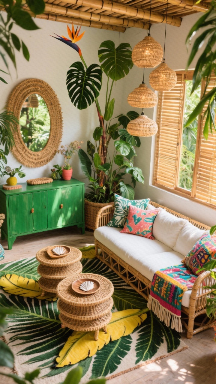 Wide overhead angle: Tropical boho jungle living room layout—bamboo/rattan sofa with off-white cushions, bold banana-leaf/palm rug beneath; lacquered green sideboard along one wall; stacked rattan nesting tables styled with shell-inlay tray; abundant plants creating layered depth: towering bird of paradise, monstera, trailing philodendron; textiles with batik prints, tassel-edged pillows, colorful ikat throws; bamboo blinds filtering sun; woven pendant lights hanging in a cluster; a large rattan mirror bouncing light; palette of leafy greens, sunlit yellows, coral, and warm wood; lush, lively, vacation vibe, photorealistic.