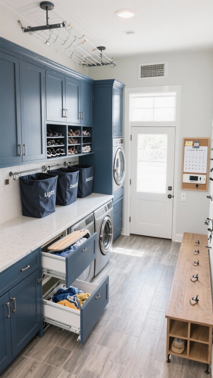 Wide overhead/angled shot: High-function family command center laundry with durable shaker cabinets in mid-tone navy lining one wall, a long countertop spanning side-by-side front loaders, built-in pull-out ironing board partially extended, three labeled pull-out hampers (lights, darks, delicates), ceiling-mounted retractable drying lines, a ventilated shoe cabinet, pinboard + whiteboard combo with a wall calendar and a charging drawer, durable LVP flooring, a bench with cubbies and individual hooks, and a message station by the door; bright, efficient, family-friendly, photorealistic.