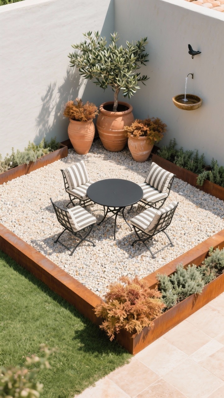 Wide, overhead-leaning angle of a gravel courtyard: pale pea gravel replacing lawn, defined by low corten steel edging; a simple black iron bistro set with striped outdoor cushions; large clay urns clustered around an olive-standard or dwarf bay laurel; urns planted with caramel and amber heuchera, underplanted with thyme and trailing dichondra softening rims; a single wall-mounted fountain or birdbath as an accent; warm terracotta, caramel, sage, and soft gray palette; sun-washed, relaxed Mediterranean mood; photorealistic midday light with gentle shadows.