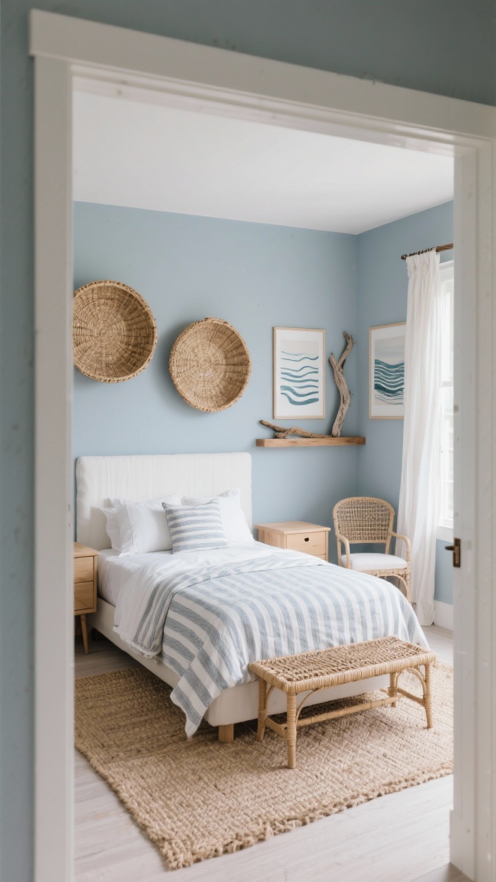 Wide photorealistic coastal bedroom shot from a doorway perspective: soft blue-gray walls set a crisp tone. Above a white slipcovered headboard, a pair of oversized woven wall baskets provide sculptural texture. On the adjacent wall, a slim floating wood shelf displays abstract coastal prints (water line motifs) and a piece of driftwood. Pale oak nightstands, a rattan bench at the foot of the bed, and an airy cane-back chair complete the look. Textiles: striped seersucker duvet, woven jute rug, gauzy curtains moving slightly in natural daylight. Palette: misty blue-gray, sand, pale oak, white. Sophisticated coastal, breezy energy.