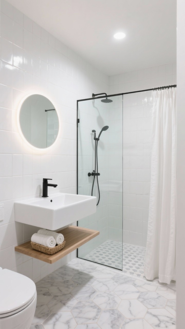 Wide, photorealistic small bathroom shot titled “Cloud-White Minimalist Spa”: seamless cloud-white palette from ceiling to floor, micro-beveled white subway tile catching soft natural light, wall-mounted white oak slab vanity with a slim-profile white sink and a single matte black faucet, frameless glass shower panel replacing a curtain, shower floor of small marble hex tiles with pale gray grout, floating shelf with rolled towels in a tucked basket, round backlit mirror glowing softly; unbroken surfaces, airy mood, no people.