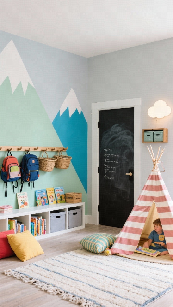 Wide playful kids’ room, daytime: color-blocked mountain mural with triangular layers in soft sage, sky blue, and mist gray across the main wall, continuous wood peg rail mounted for backpacks and baskets, low book ledge with picture books, floor cushions and a striped teepee/canopy reading nook, chalkboard-painted closet door in black, labeled storage bins and wall-mounted crates, flatweave rug for easy cleanup, cloud-shaped nightlight; bright, cheerful, organized.