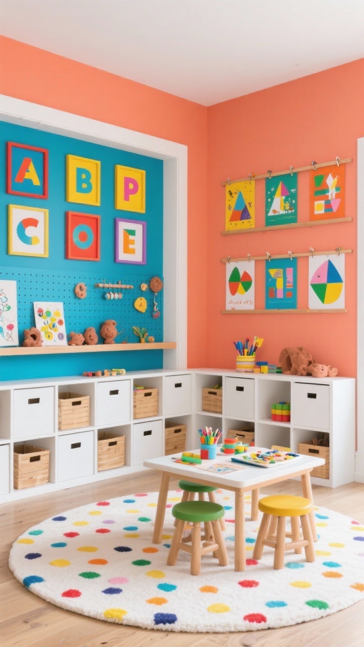 Wide playroom, energetic: One accent wall painted citrus coral or bold cobalt, other walls white. Modular storage with white cubbies and natural wood bins. A grid of bright graphic posters—playful alphabets, geometric shapes, upbeat illustrations—in primary-colored frames or clip-on poster rails for easy swaps, arranged evenly. Include a display ledge with rotating kid art and clay creations, a washable round confetti-pattern rug, a low craft table with stackable stools, and a pegboard for supplies. Joyful, clean, photorealistic.