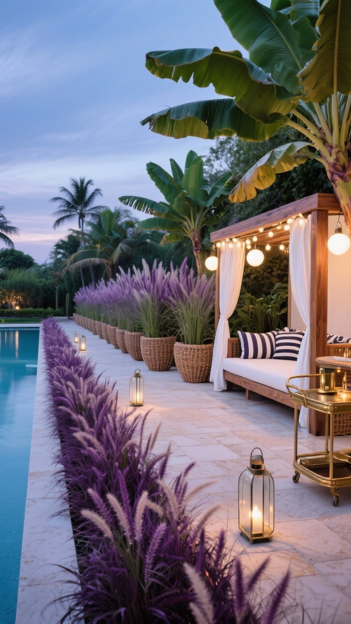 Wide poolside resort scene at twilight: rows of purple fountain grass and tall Miscanthus ‘Gracillimus’ flanking travertine pavers to create privacy and sultry movement; oversized banana-leaf planters add a tropical layer; teak cabana daybed with crisp white gauzy curtains and striped cushions; globe string lights draped from sleek posts, waterproof lanterns glowing; rattan-and-brass outdoor bar cart nearby; palette of deep plum, emerald, teak, and crisp white; lush and glamorous, photorealistic, no people.