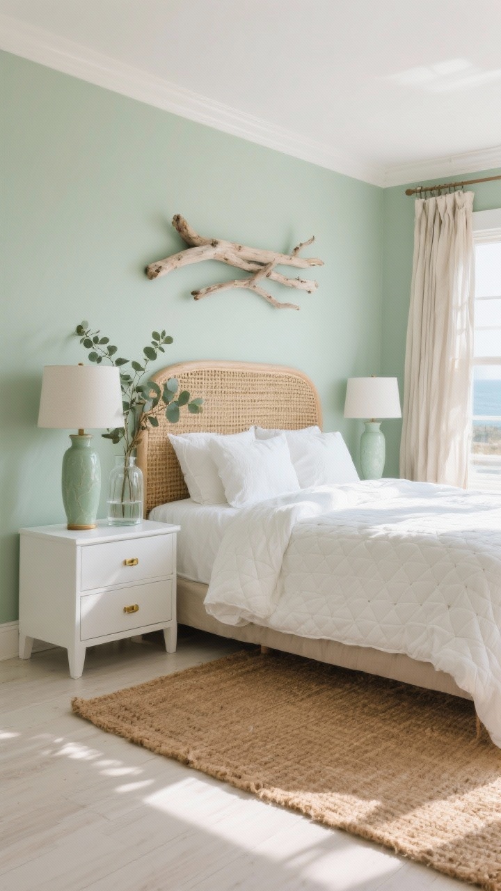 Wide room shot: A breezy coastal bedroom with soft sage-green walls bathed in natural morning light, white cloud-soft quilted bedding on a bed with a woven seagrass headboard, flax linen curtains flowing beside sunlit windows, a warm tan jute rug underfoot, crisp white nightstands with simple brass pulls, and tall ceramic lamps in a pale green glaze; styled with driftwood wall art and eucalyptus stems in a clear glass vase; palette of sage, seafoam, white, and warm tan; airy, calm, and photorealistic.