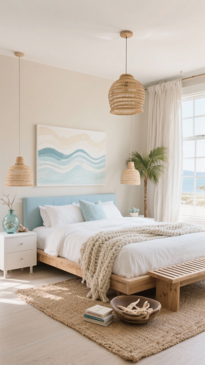 Wide room shot: A coastal calm master bedroom with sand-beige walls, crisp white linens, and powder-blue accents; a natural oak low platform bed layered with a chunky knit throw, linen drapes rippling in bright natural light, and woven rattan pendant lights hanging over simple white nightstands. Include abstract wave prints in pale blue and cream, a flatweave jute rug, sea glass vase, driftwood bowl with beachy books, a slatted wood bench at the foot of the bed, and a freestanding palm. Photorealistic, airy, breezy, soft morning light from large windows.