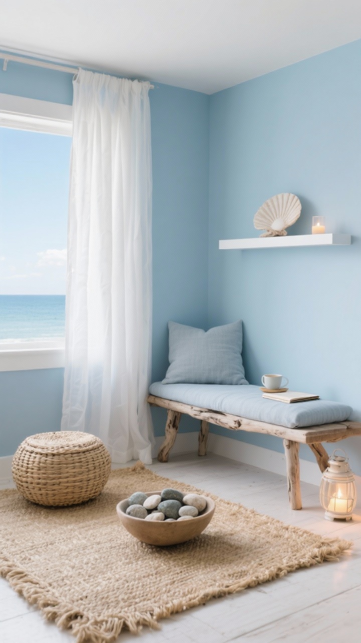 Wide room shot: A coastal sky nook painted in soft sky blue with sheer white curtains filtering daylight, natural textures throughout—rattan and woven seagrass accents, a seagrass rug on the floor, a low pale blue-gray linen floor cushion, a slim driftwood bench holding a tea cup and journal, and a simple white floating shelf mounted above with a single shell and a tea light; a bowl of smooth beach stones sits on the floor as a grounding focal point; airy, breathable palette of sky blue, white, and sandy beige; soft glow lantern lighting, photorealistic, no people.