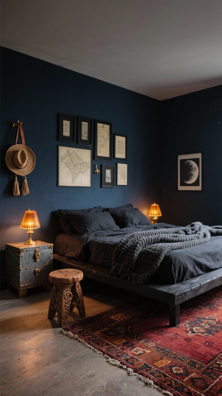 Wide room shot: A Midnight Nomad Retreat bedroom with deep charcoal-blue matte walls, a low-profile ebony-stained wood platform bed dressed in stonewashed black linen and a chunky oversized graphite knit throw. Mismatched nightstands—one metal trunk and one carved teak stool—each topped with amber glass lamps casting low, diffused golden light. A vintage Kilim rug in burgundy and rust warms the floor. Above the bed, a cluster of black-framed vintage maps and one oversized moon print. Color mood of charcoal, indigo, rust, and brass; include a leather strap wall hook holding a woven hat with tassel. Photorealistic, corner angle, evening glow.