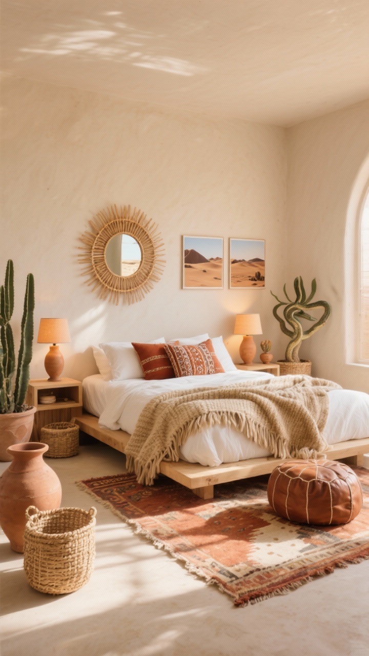 Wide room shot: A sun-washed desert sanctuary bedroom glowing with late-afternoon warm light; soft sand-colored walls, a low natural wood platform bed dressed in ivory linen with a rust-hued throw and fringe pillow covers; Moroccan-style rug in faded terracotta and cream underfoot; woven seagrass baskets by the bed; ceramic table lamps with warm bulbs on minimal nightstands; cactus or snake plant in a clay pot; clay vases and a leather pouf; above the bed a sunburst rattan mirror and a trio of desert landscape prints; chunky knit blanket draped casually; color palette of sand, terracotta, ivory, and camel; earthy, breezy, sun-kissed mood; photorealistic.