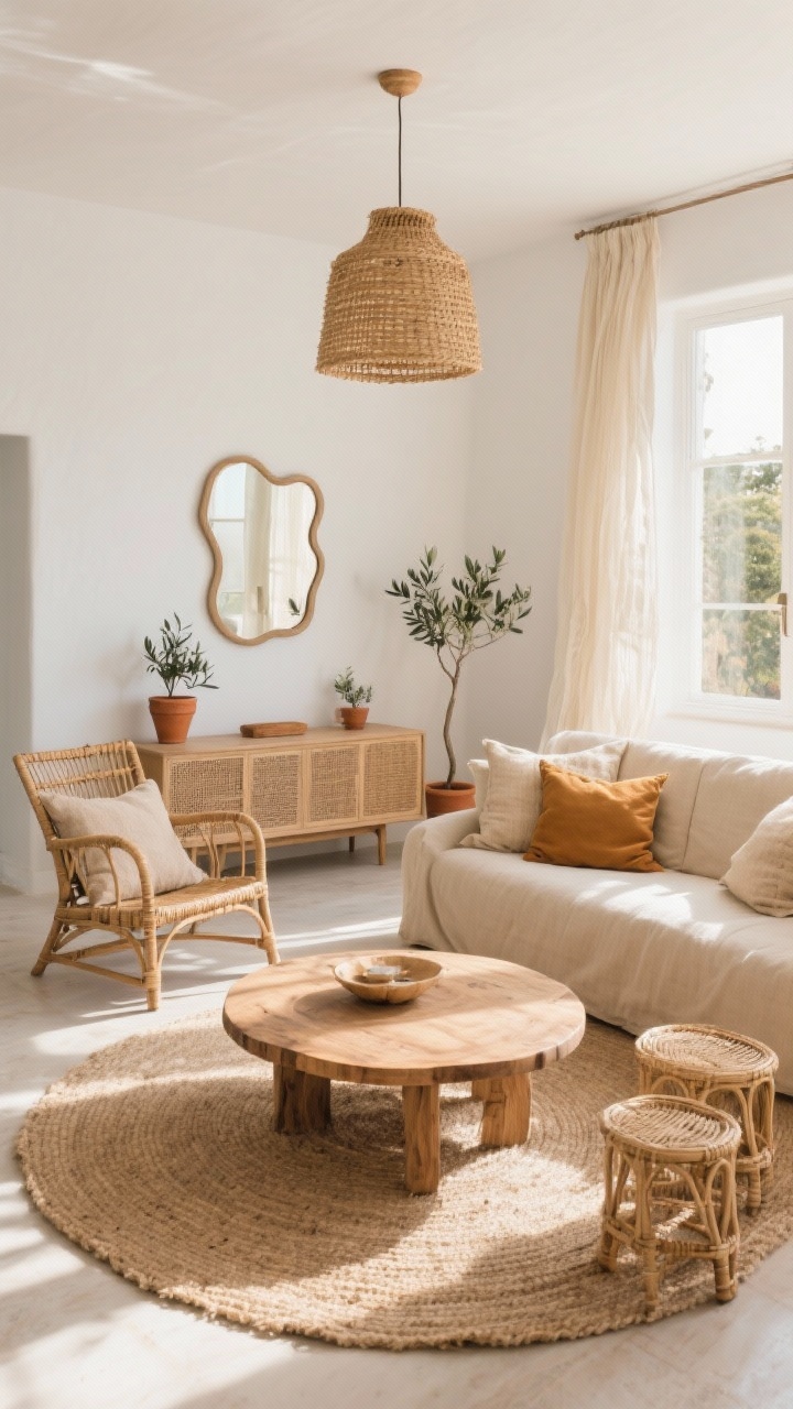 Wide room shot: A sunlit boho living room with a low linen sofa in oatmeal beige, a vintage-style rattan lounge chair, and a cane-front media console against soft white walls. A large jute rug anchors a round teak coffee table with a slightly rustic edge, flanked by a nest of lightweight wicker side tables. Terracotta pots with small olive trees, a wavy-edge mirror, and cream gauze curtains glow in warm afternoon light. A woven seagrass pendant lamp hangs overhead; neutral nubby cotton pillows in sand, honey, and caramel tones complete the airy, relaxed mood. Photorealistic, natural light, corner angle.